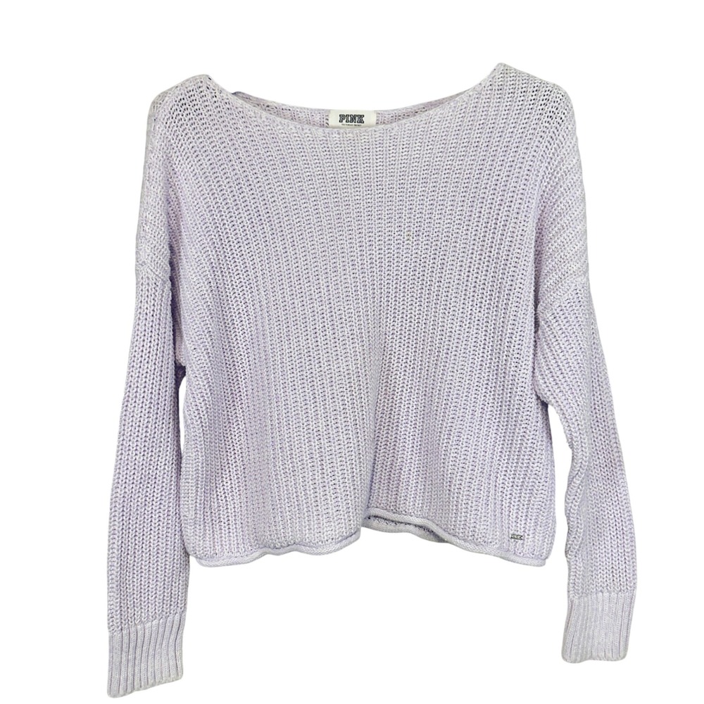 PINK Victoria's Secret Lavender Cotton Shaker Knit Boat Neck‎ Sweater Large Crop